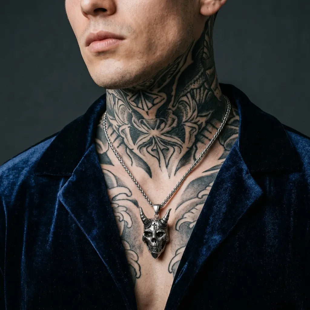 Cross & Horn Demon Skull Pendant Necklace