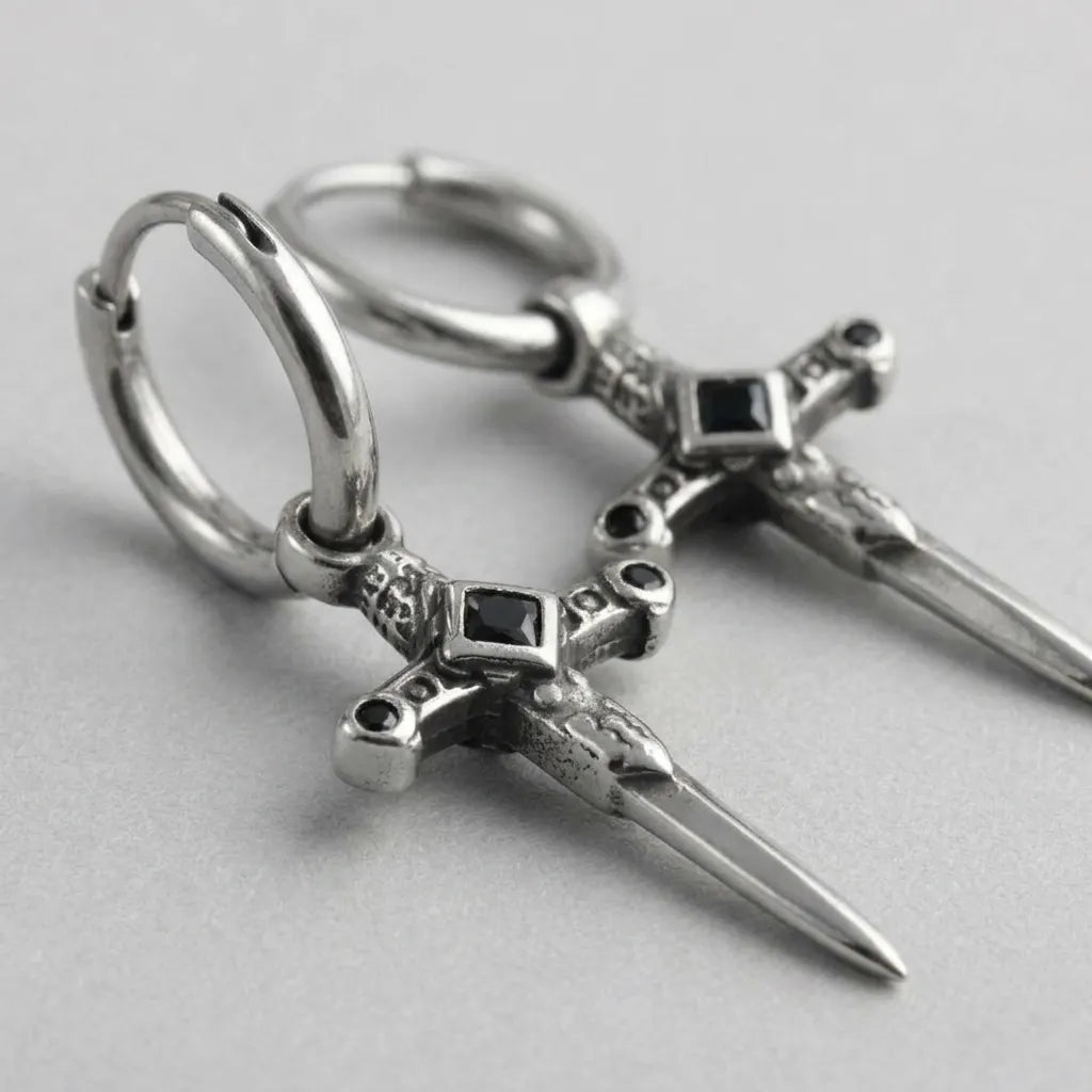 Veilborn Sanctum Dagger Drop Hoop Earrings
