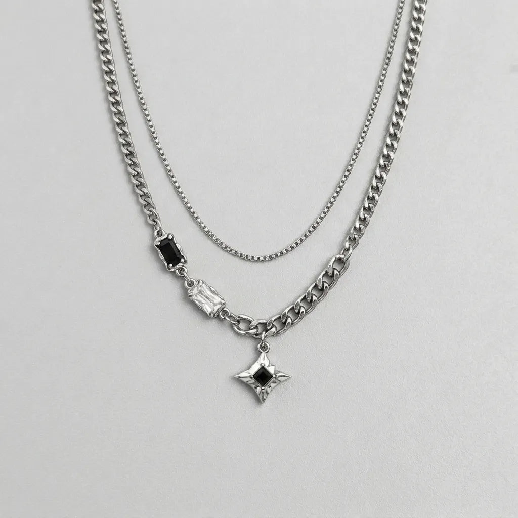 Double Layer Crystal Baguette & Star Charm Necklace