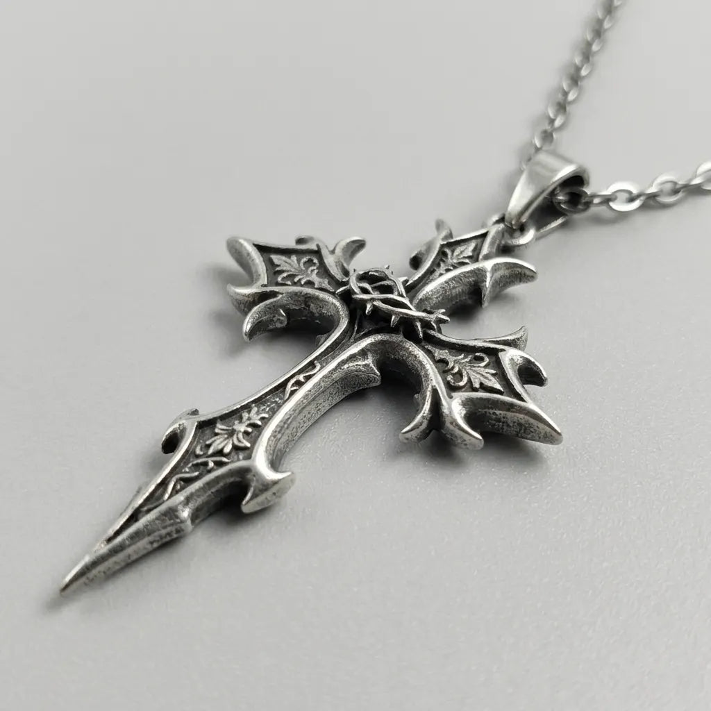 Spiked Floral Gothic Cross Pendant Necklace