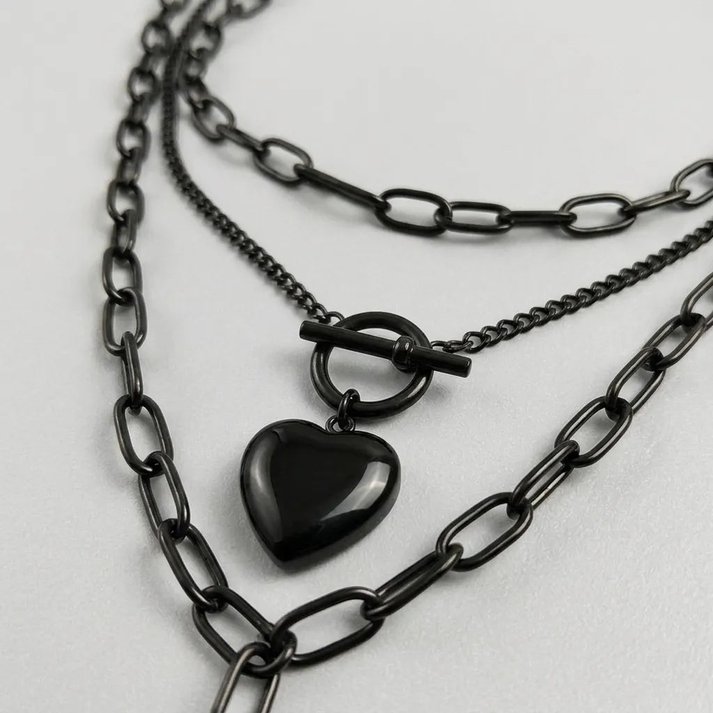 Black Heart Toggle Layered Chain Necklace