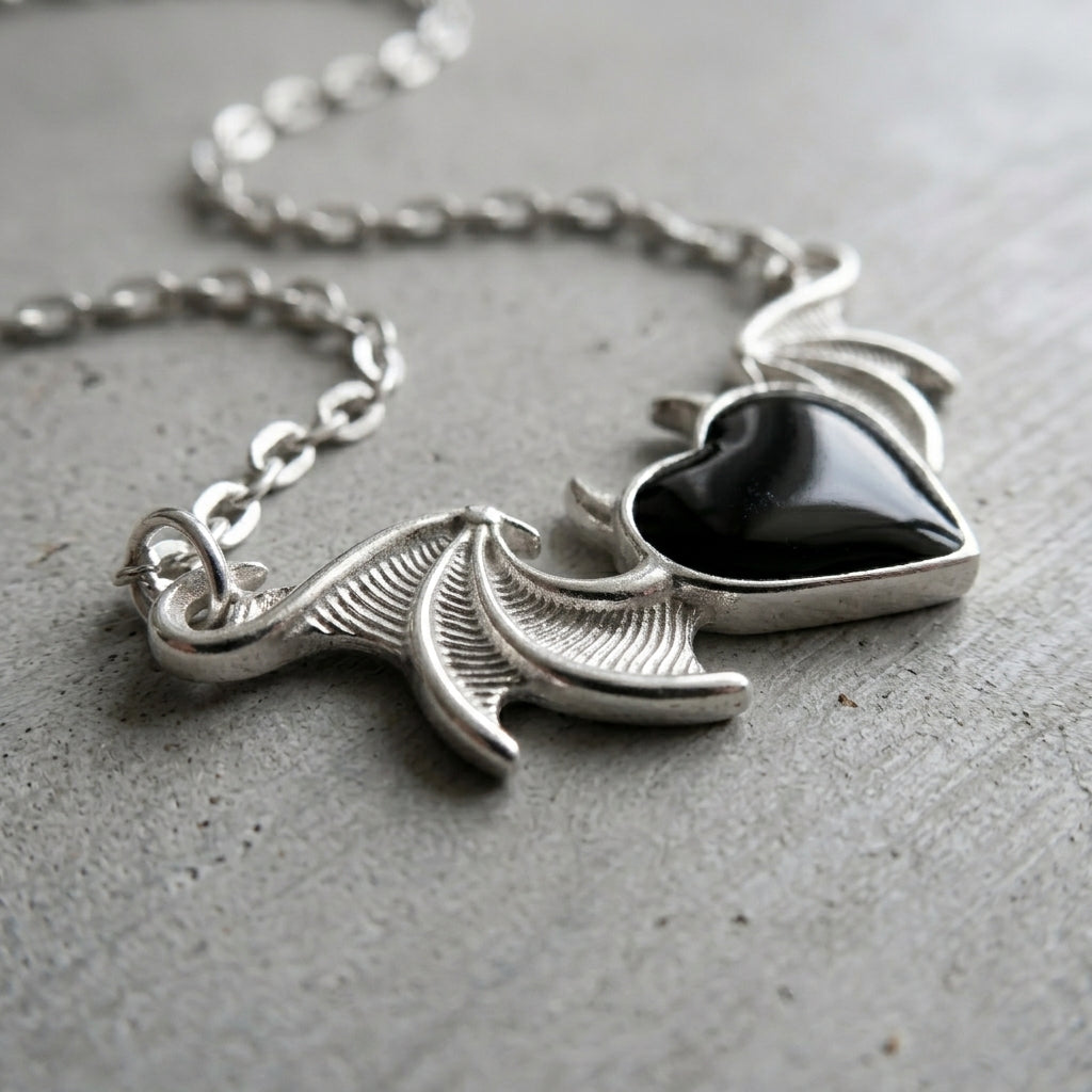Winged Black Heart Necklace