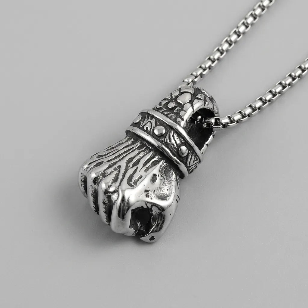 Skull-Topped Skeleton Fist Pendant Necklace