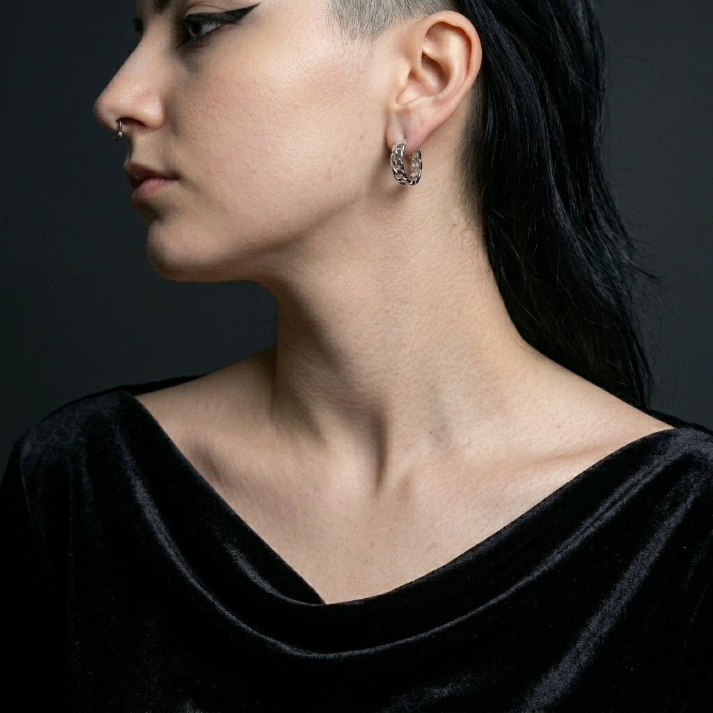 Silver Chain Link Gothic Hoops Earrings