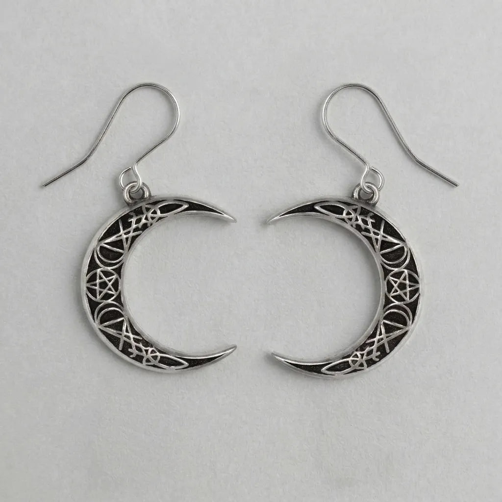 Pagan Crescent Moon Pentagram Earrings