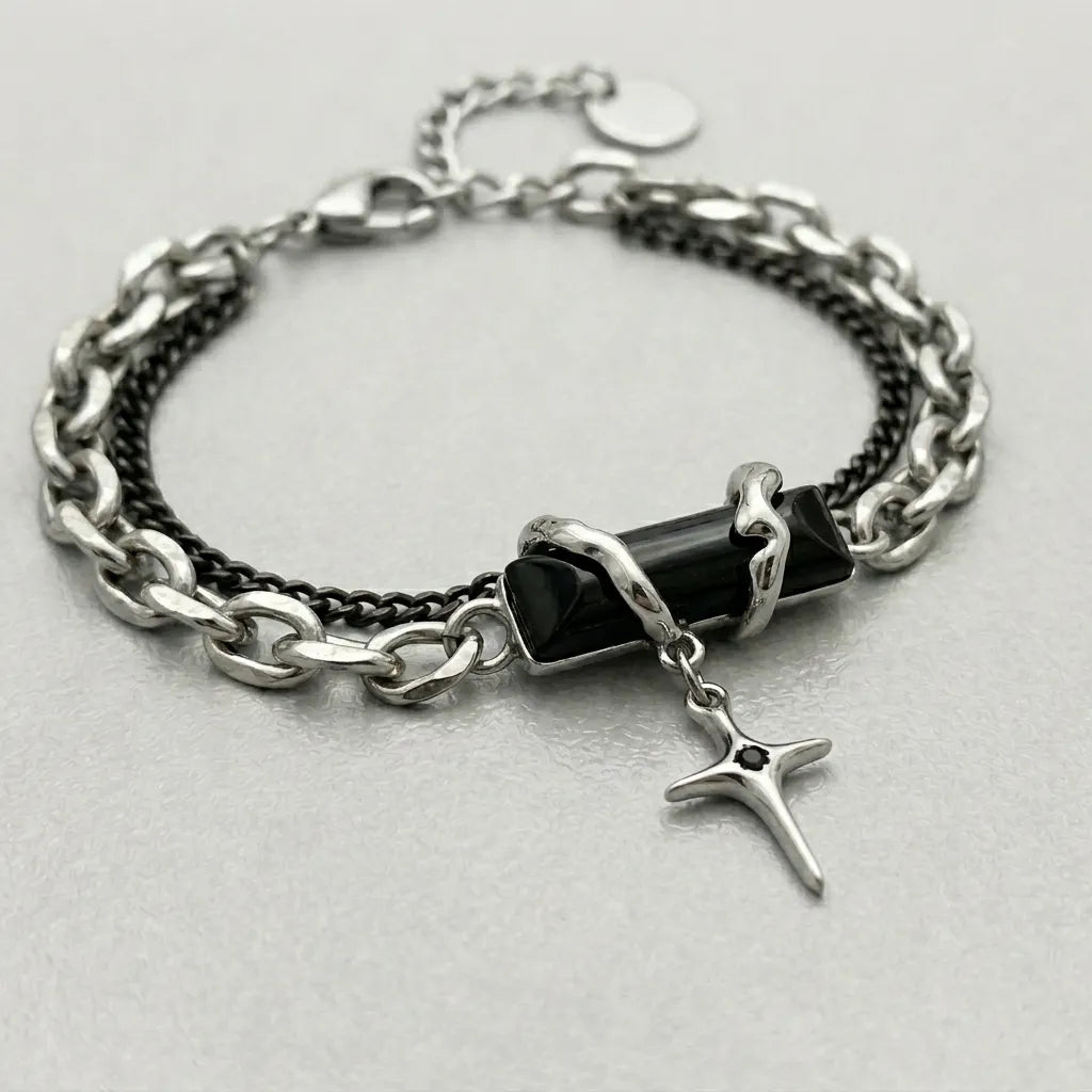 Obsidian Shard Star Charm Dual-Chain Bracelet
