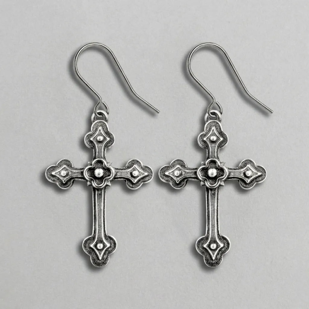 Shadow Cross Fleur Detail Antiqued Silver Earrings