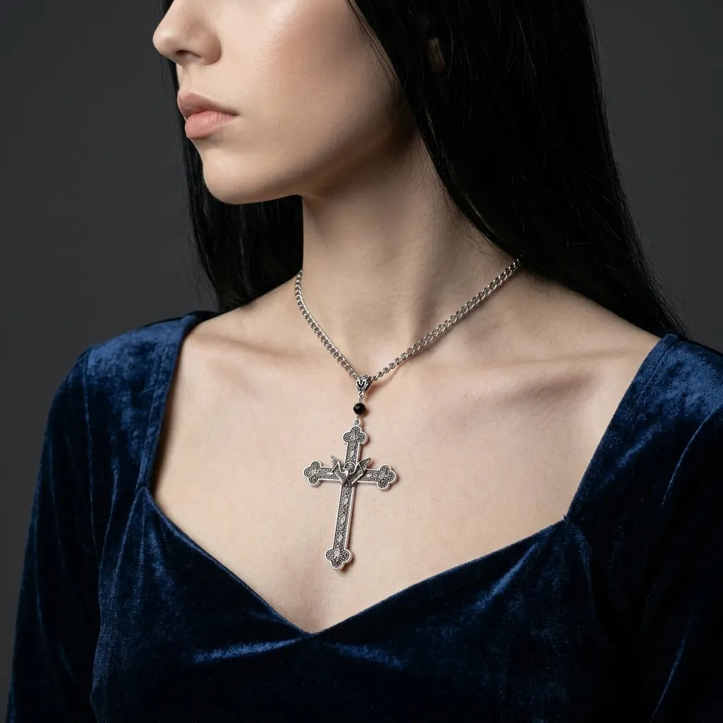 Gothic Bat Filigree Cross Pendant Necklace