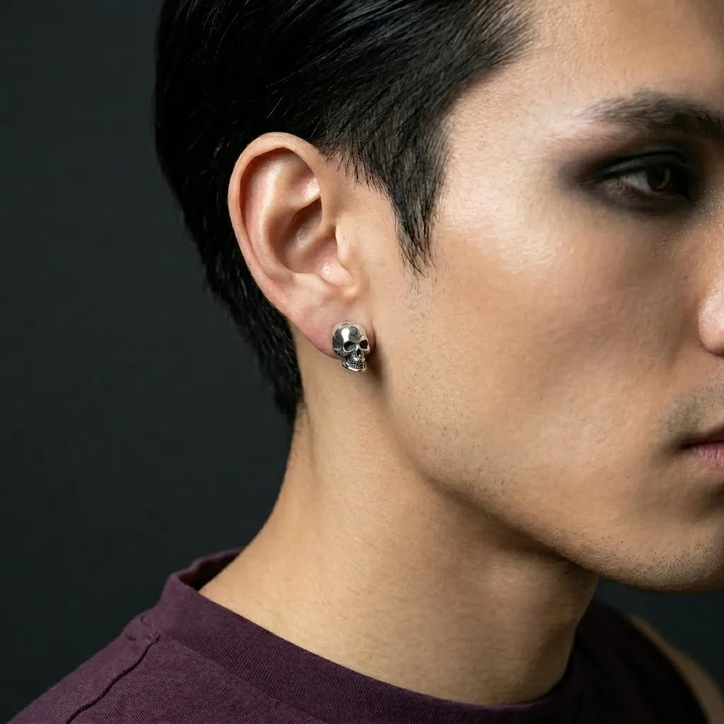 Polished 3D Skull Stud Earrings