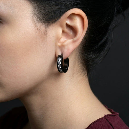 Black Stainless Steel Crystal Huggie Hoop Earrings