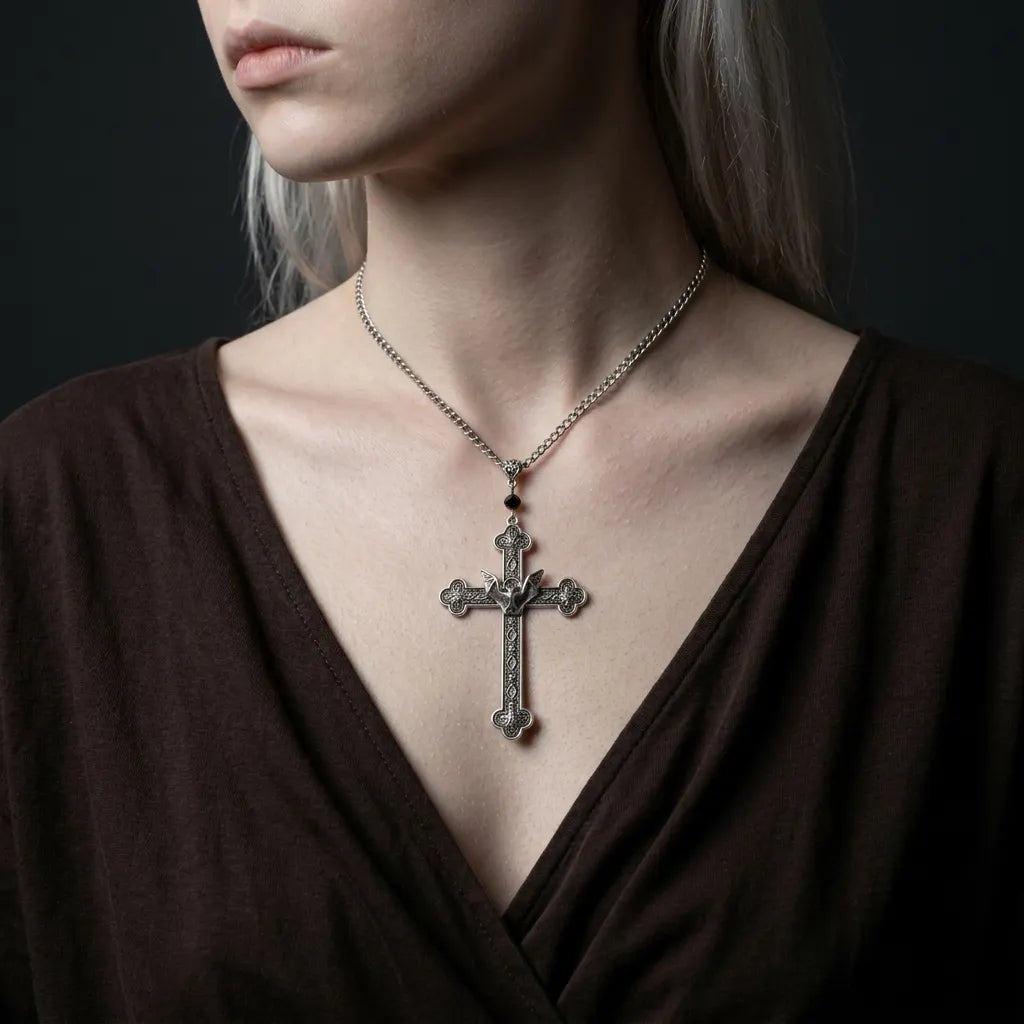 Gothic Bat Filigree Cross Pendant Necklace