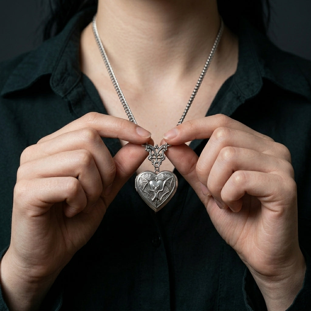 Gothic Bat Heart Locket Necklace