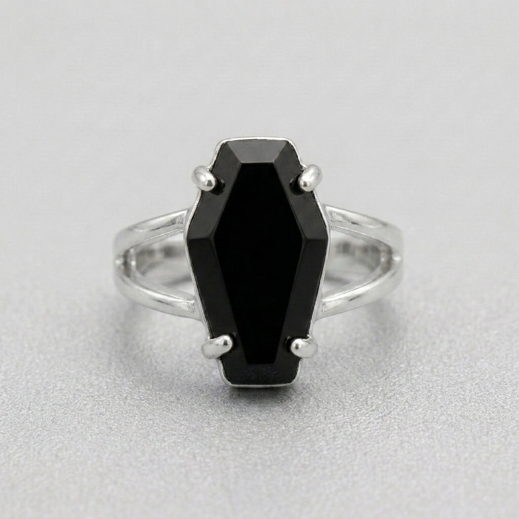 Black Coffin Stone Silver Split Band Gothic Ring