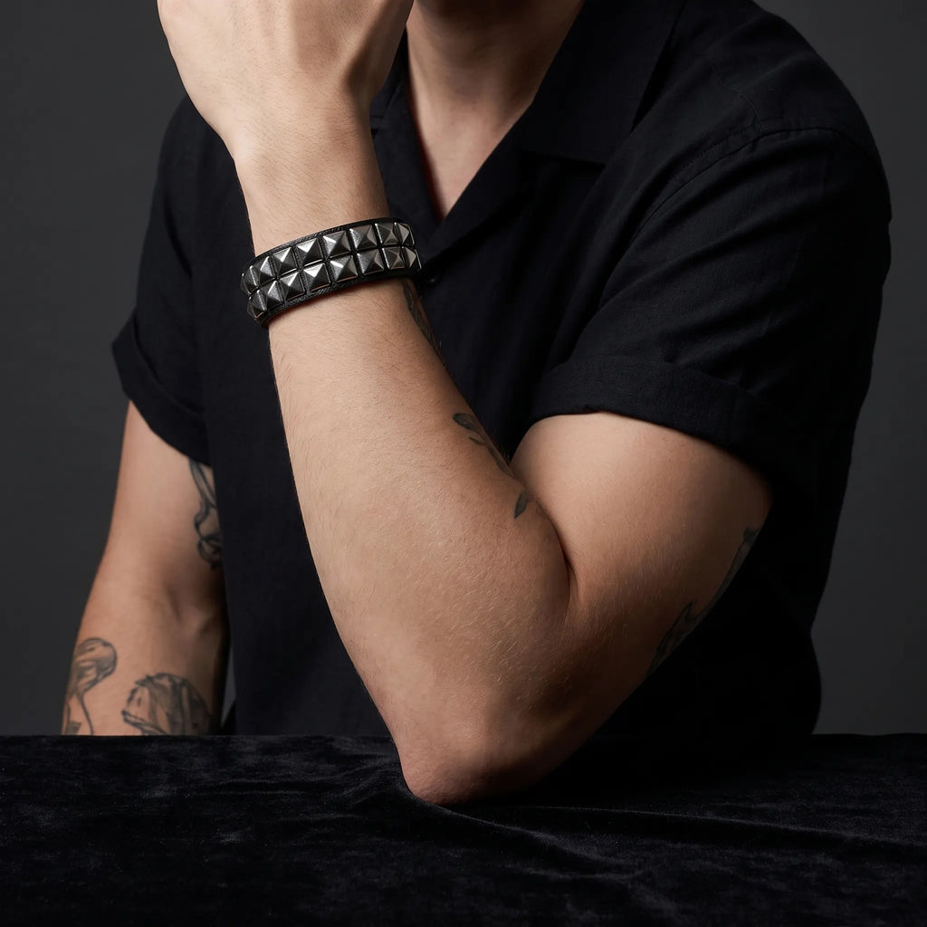 Dark Rebel Twin-Row Studded Leather Bracelet
