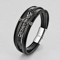 Men's Black Leather Braid Rose Vine Cross Clasp Bracelet