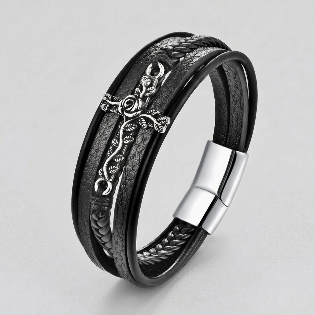 Men's Black Leather Braid Rose Vine Cross Clasp Bracelet