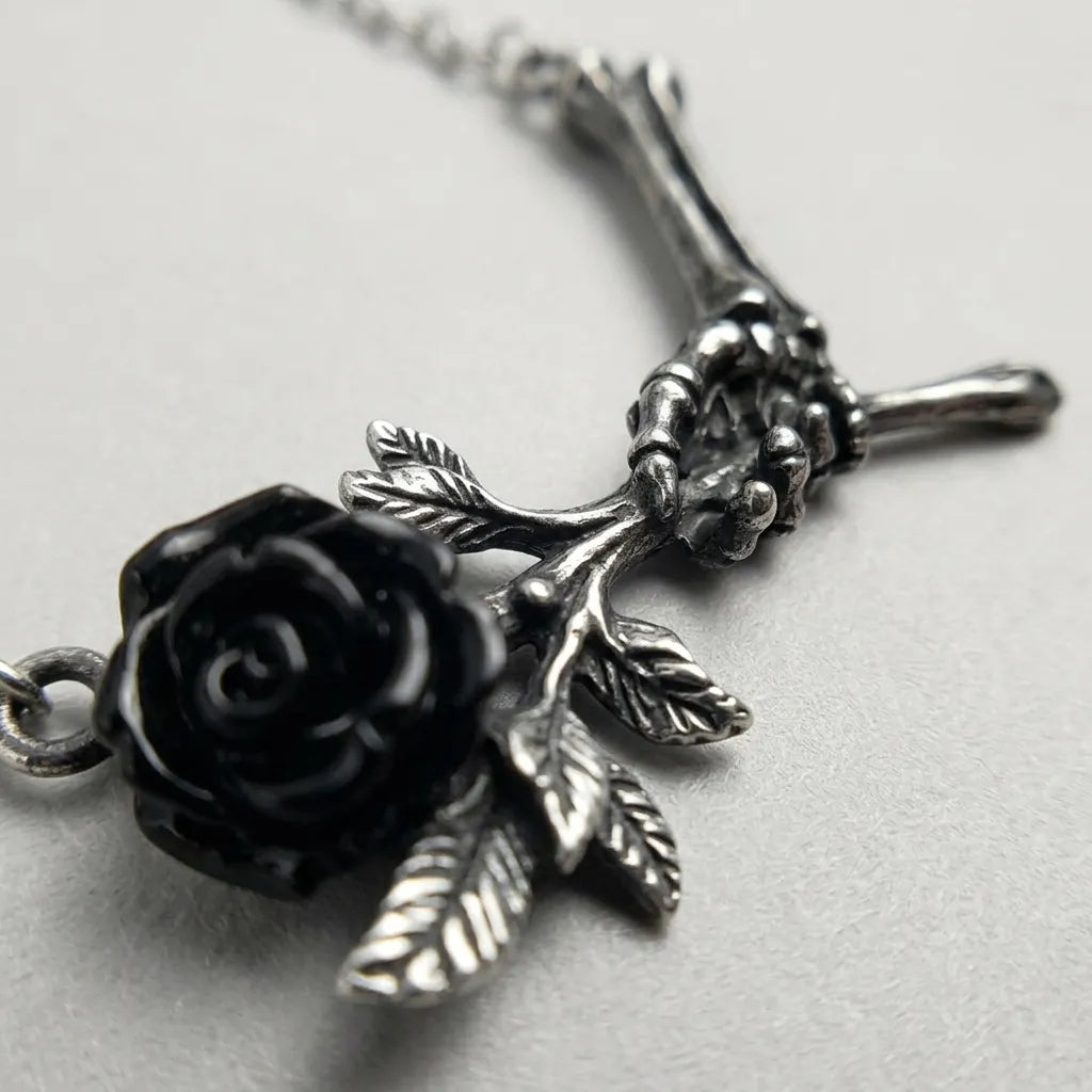 Bone Hand Cursed Rose Necklace