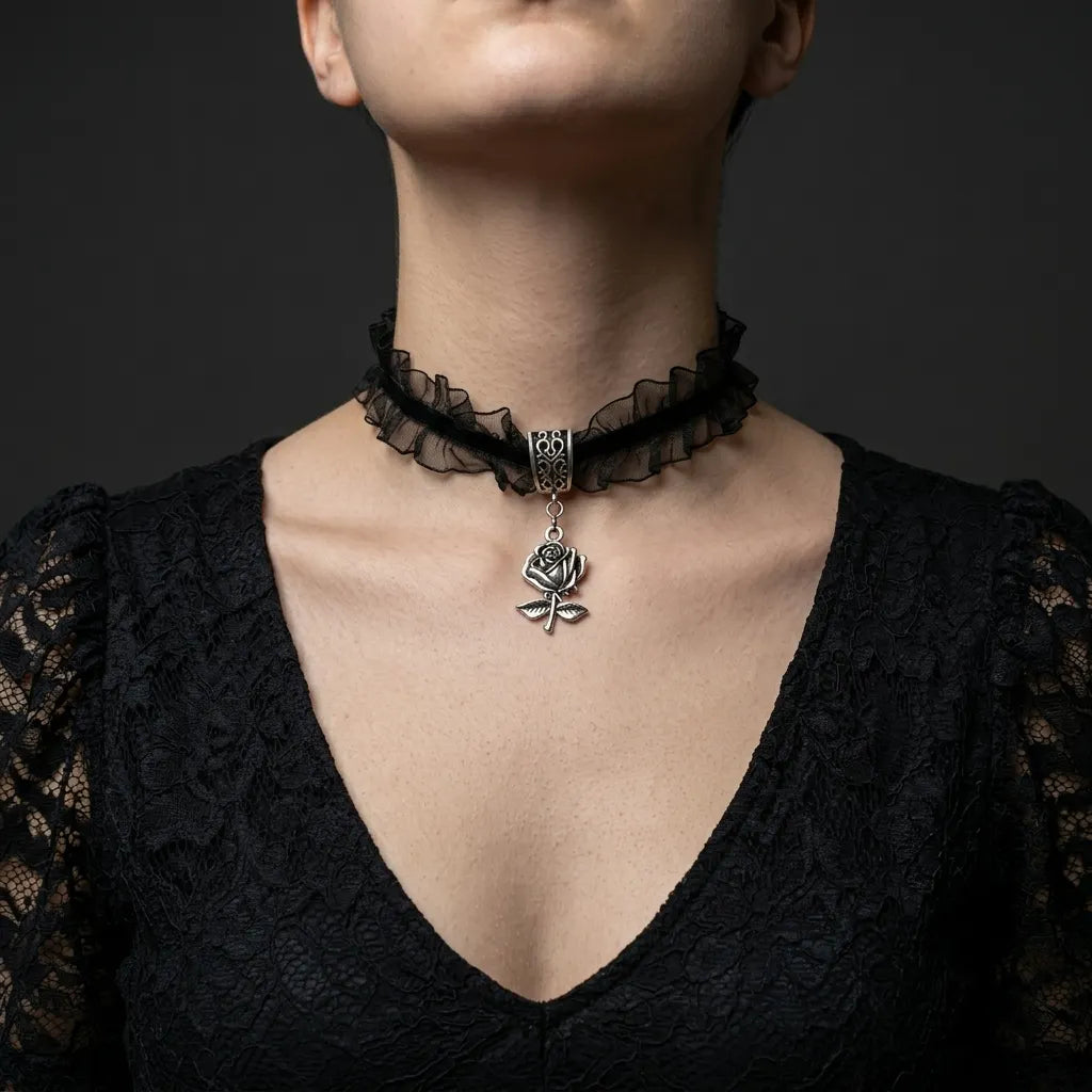 Ruffled Lace Rose Gothic Choker Necklace