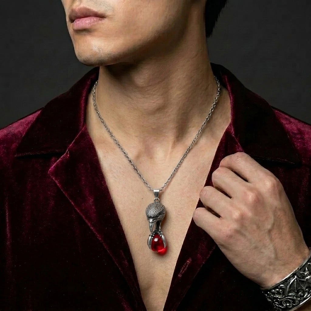 Eagle Claw Pendant Necklace with Red Stone