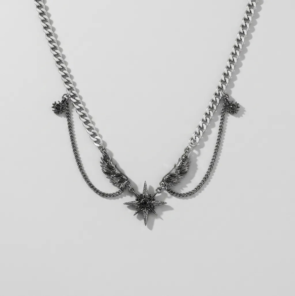 Winged Star Black Crystal Draped Necklace