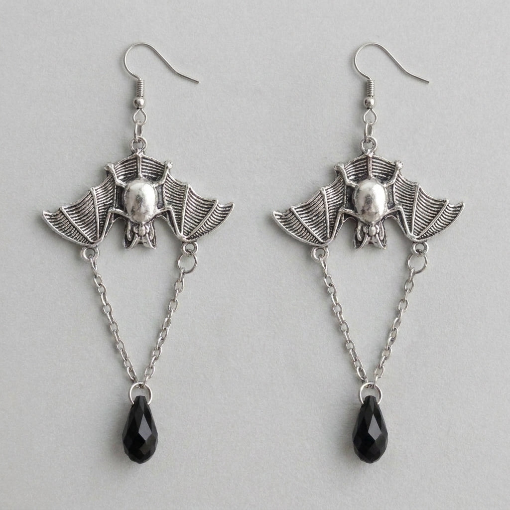 Midnight Wingspan - Gothic Bat & Black Crystal Drop Earrings