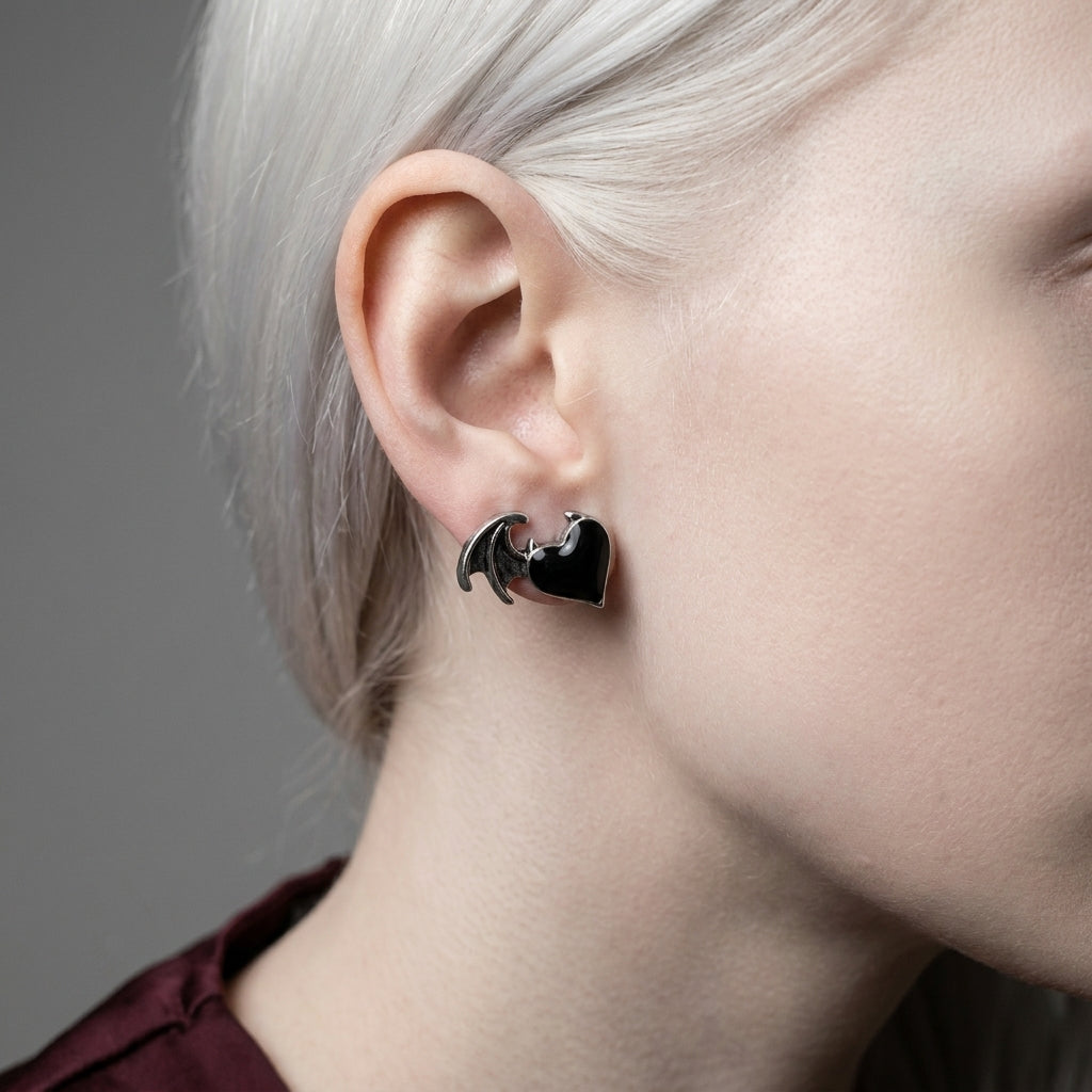Dark Heart Takes Flight - Black Enamel Winged Heart Stud Earrings