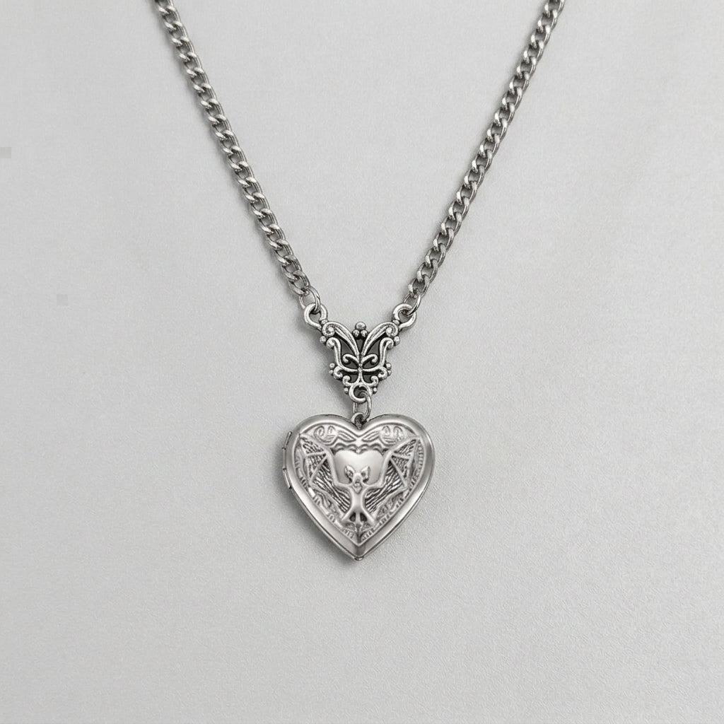 Gothic Bat Heart Locket Necklace