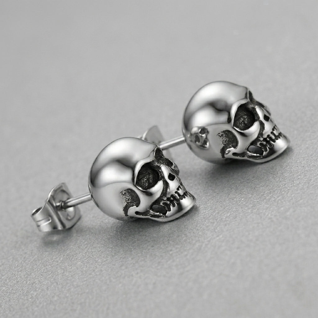 Polished 3D Skull Stud Earrings