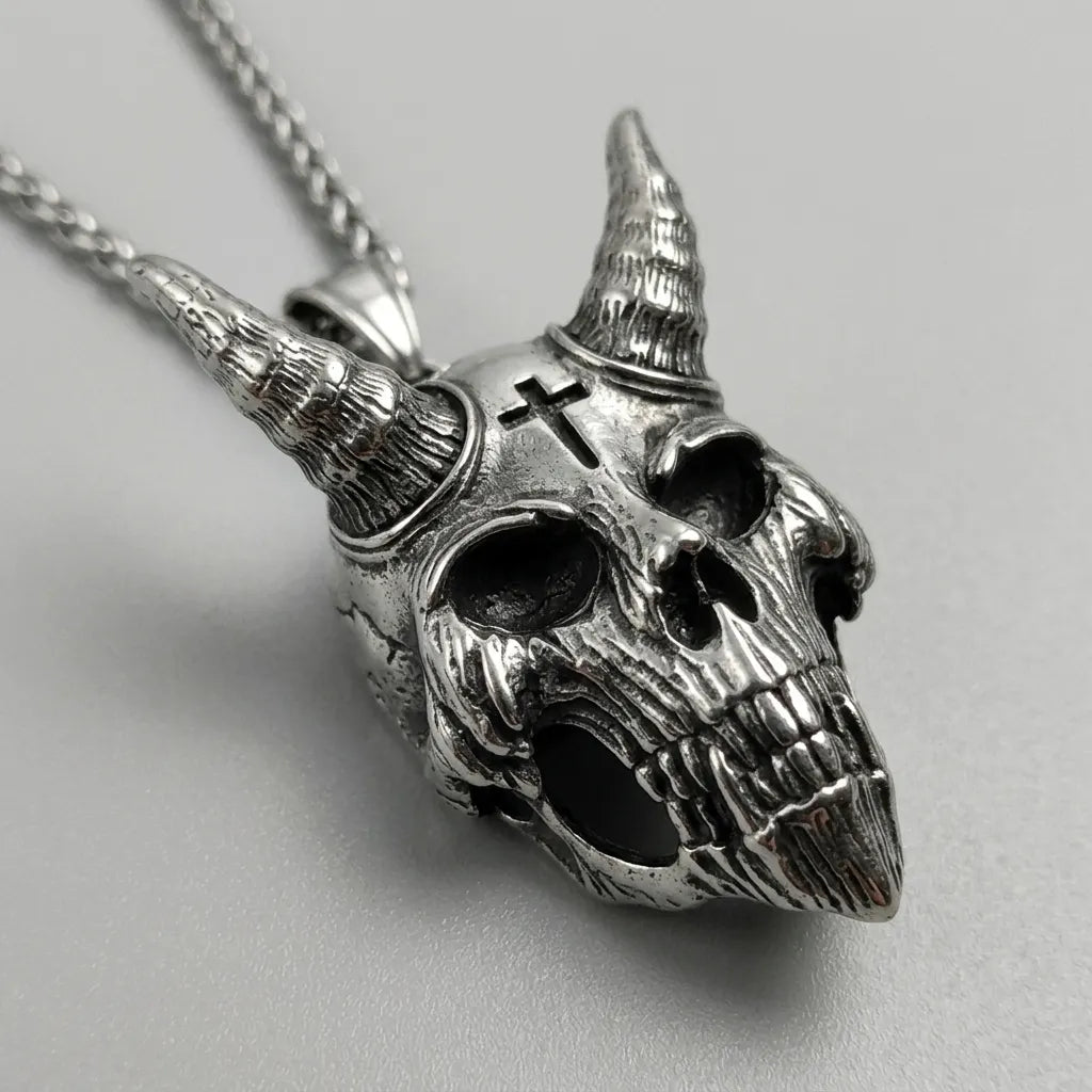 Cross & Horn Demon Skull Pendant Necklace