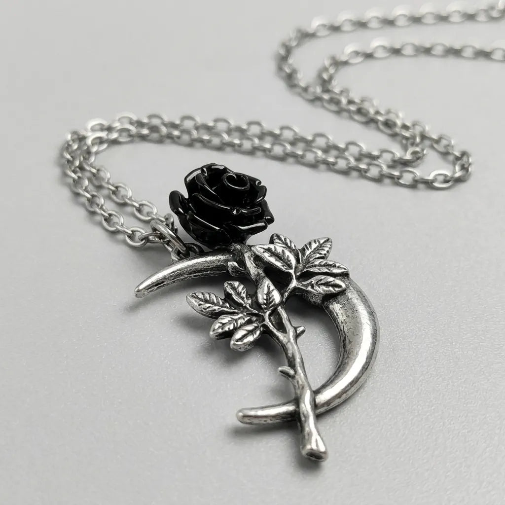 Midnight Crescent Dark Bloom Pendant Necklace