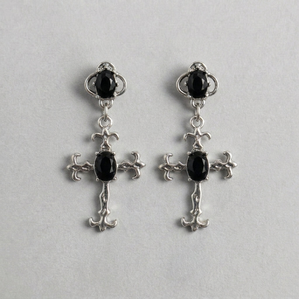 Dark Crystal Cross Dangle Earrings