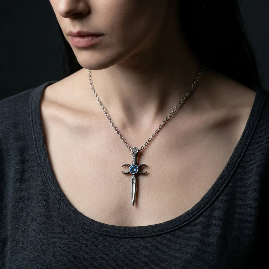 Triple Moon Athame Dagger Necklace