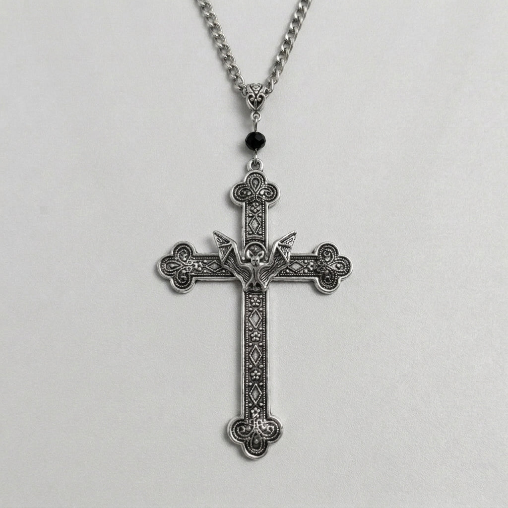 Gothic Bat Filigree Cross Pendant Necklace