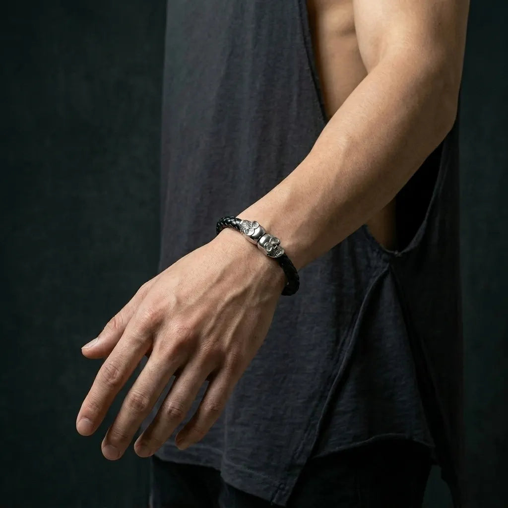 Twin Skull Black Braided Leather Bracelet