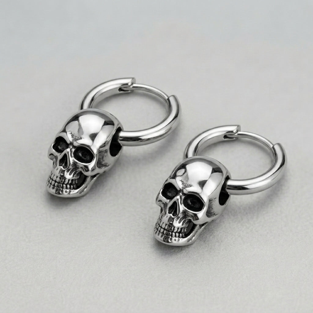 3D Skull Drop Huggie Hoop Earrings