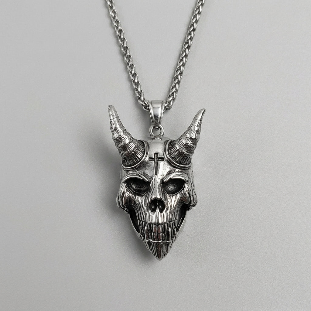 Cross & Horn Demon Skull Pendant Necklace