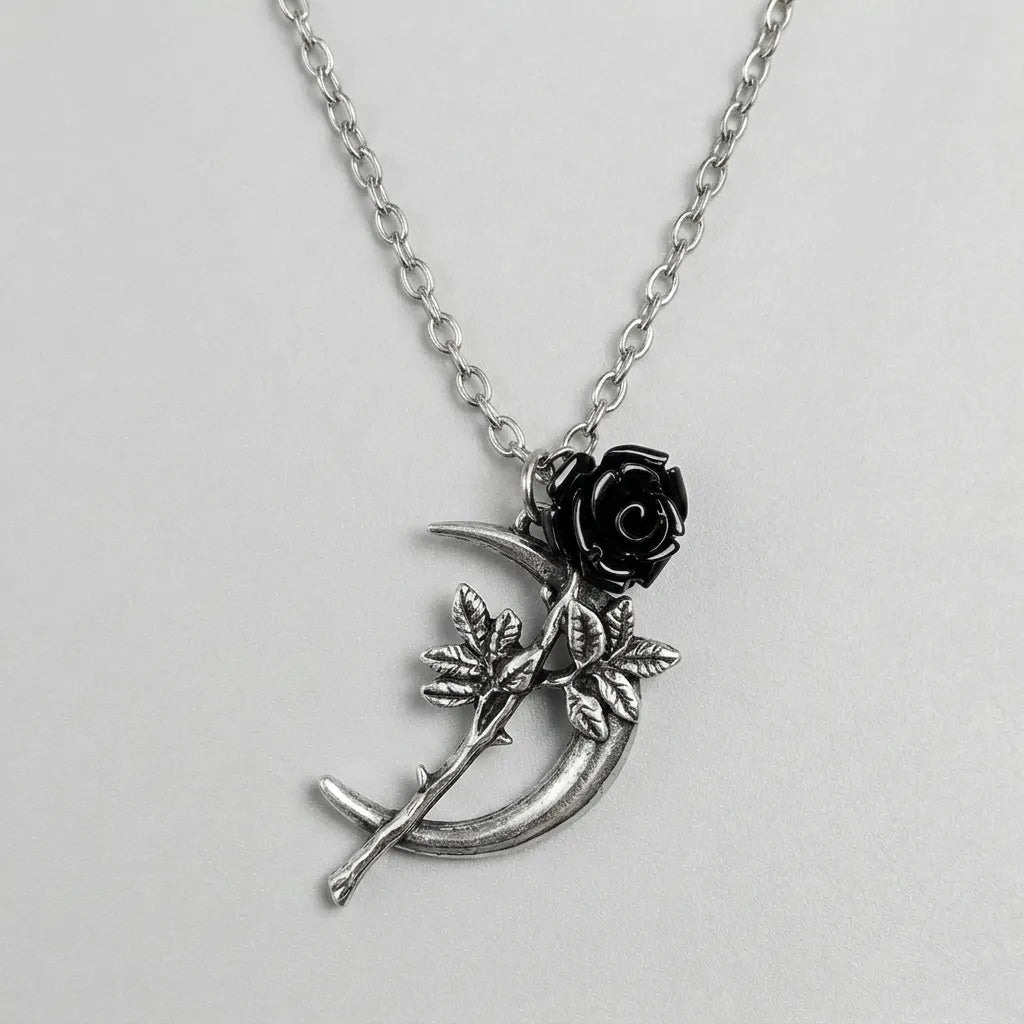 Midnight Crescent Dark Bloom Pendant Necklace