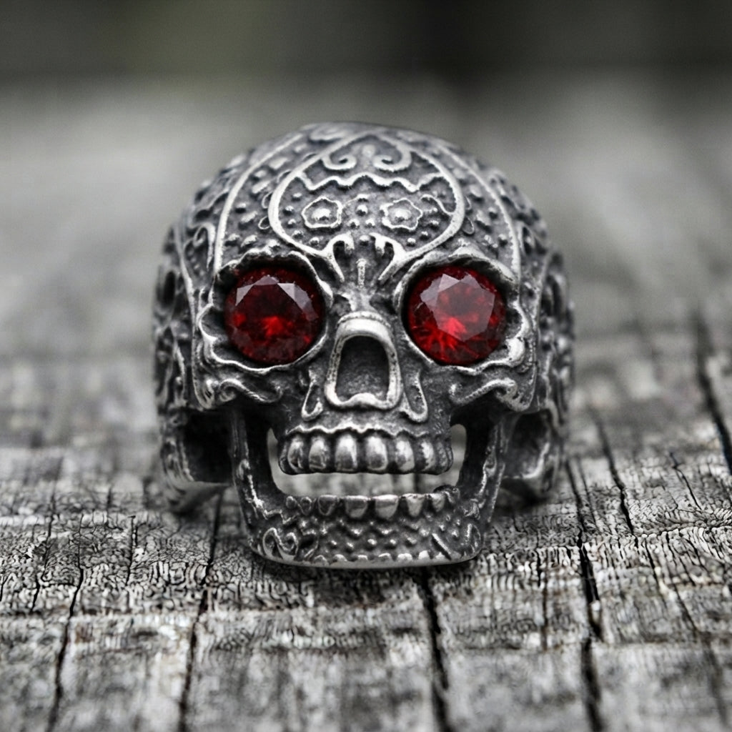 Skull Ring with Red Crystal Eyes