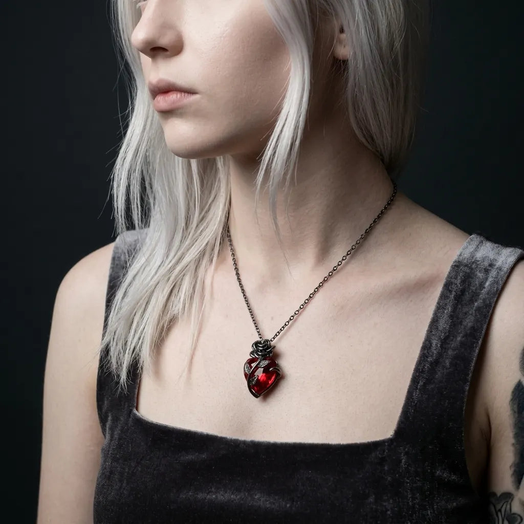 Red Crystal Heart Rose Necklace