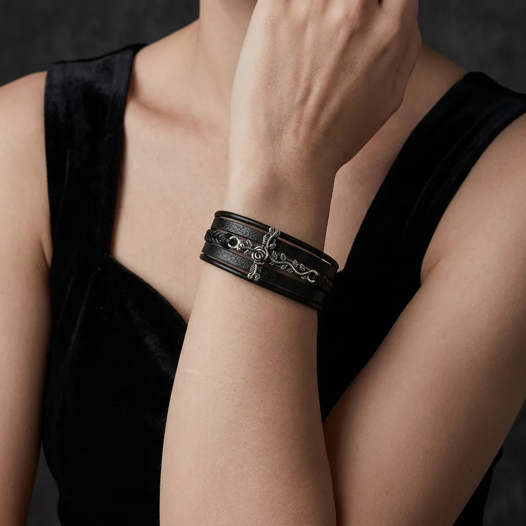 Men's Black Leather Braid Rose Vine Cross Clasp Bracelet