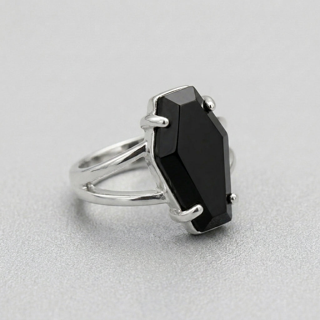 Black Coffin Stone Silver Split Band Gothic Ring