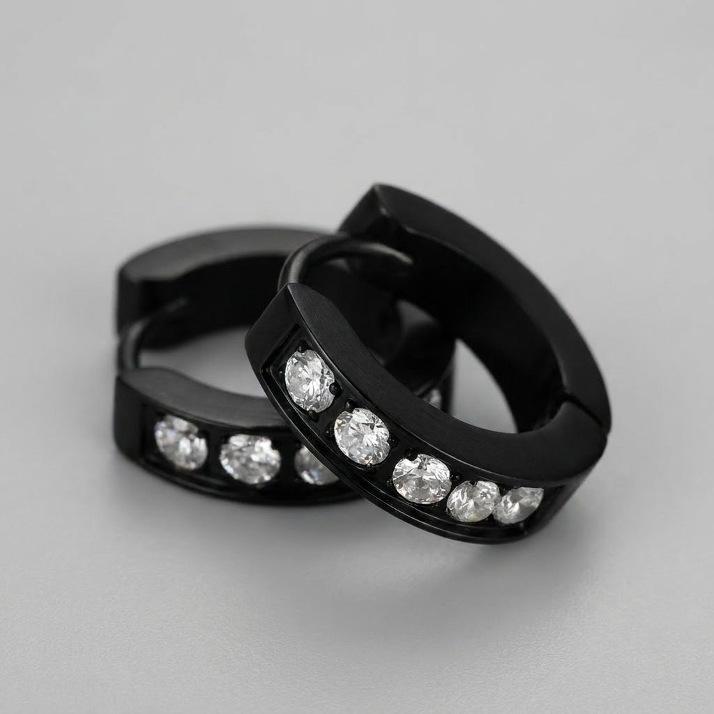 Black Stainless Steel Crystal Huggie Hoop Earrings
