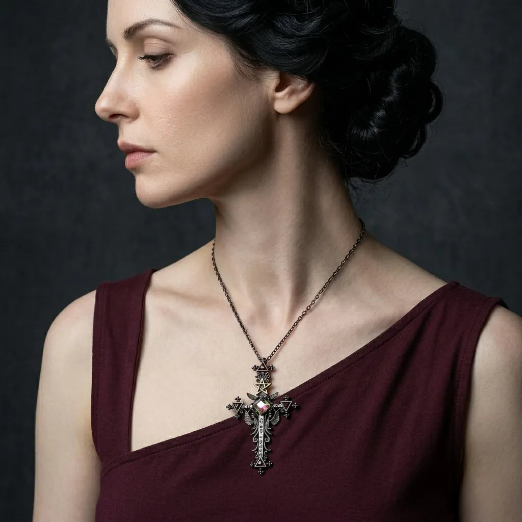 Dark Ritual Pentagram Crystal Cross Necklace