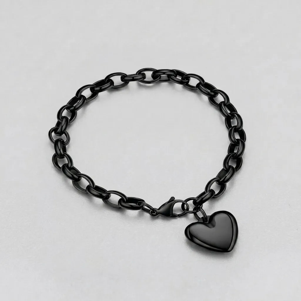 Black Heart Charm Cable Link Bracelet