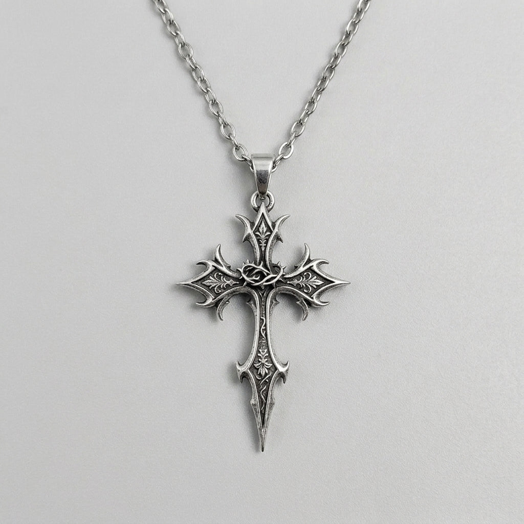 Spiked Floral Gothic Cross Pendant Necklace