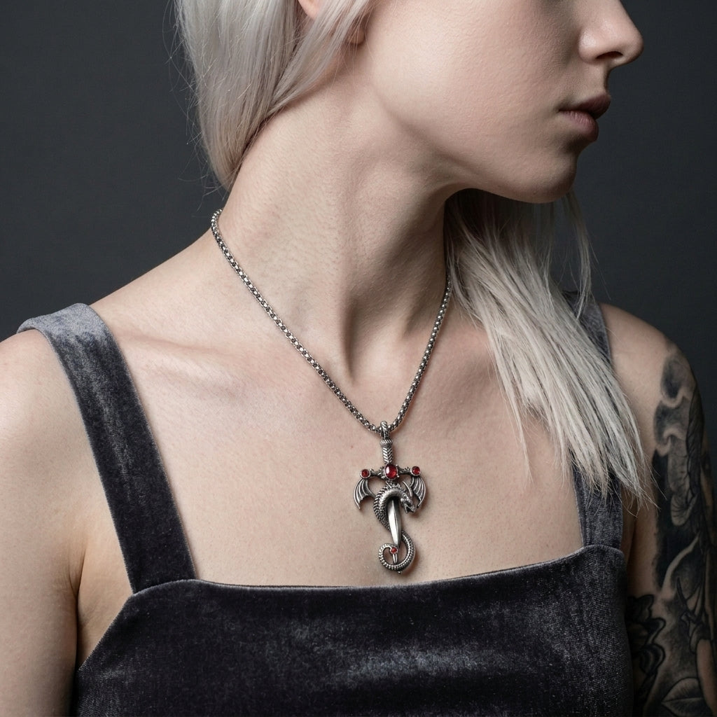 Cursed Serpent Wing Crimson Cross Necklace