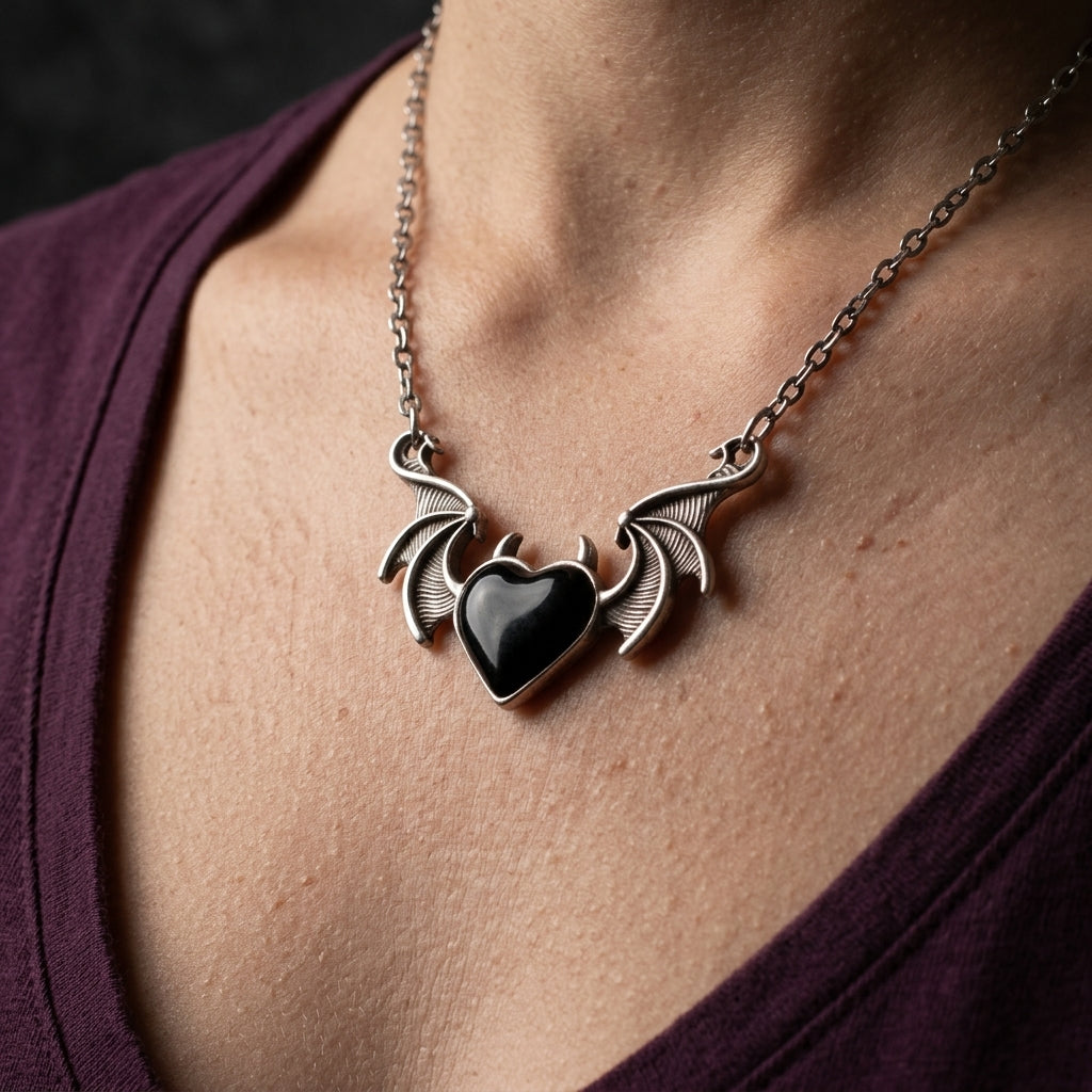 Winged Black Heart Necklace