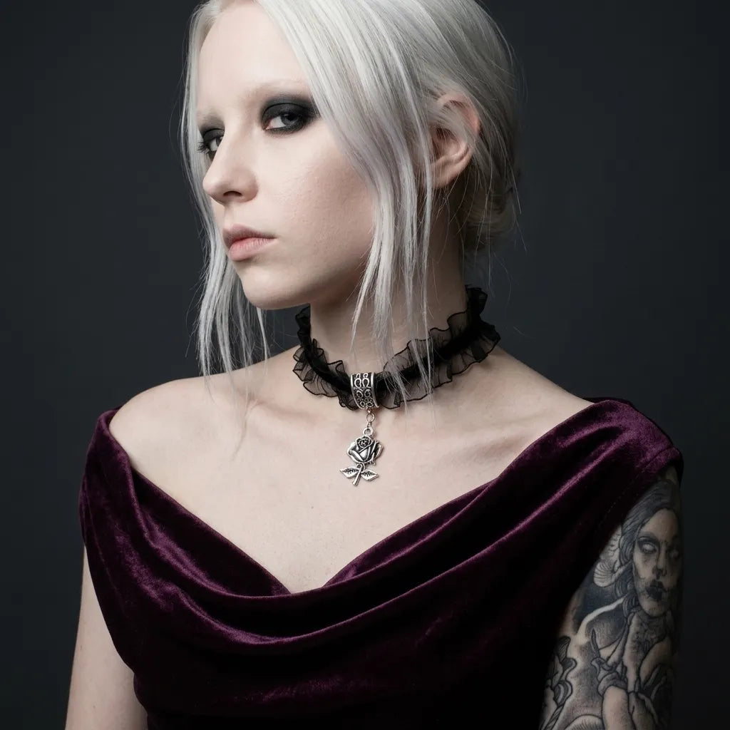 Ruffled Lace Rose Gothic Choker Necklace