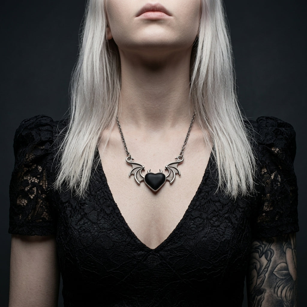 Winged Black Heart Necklace