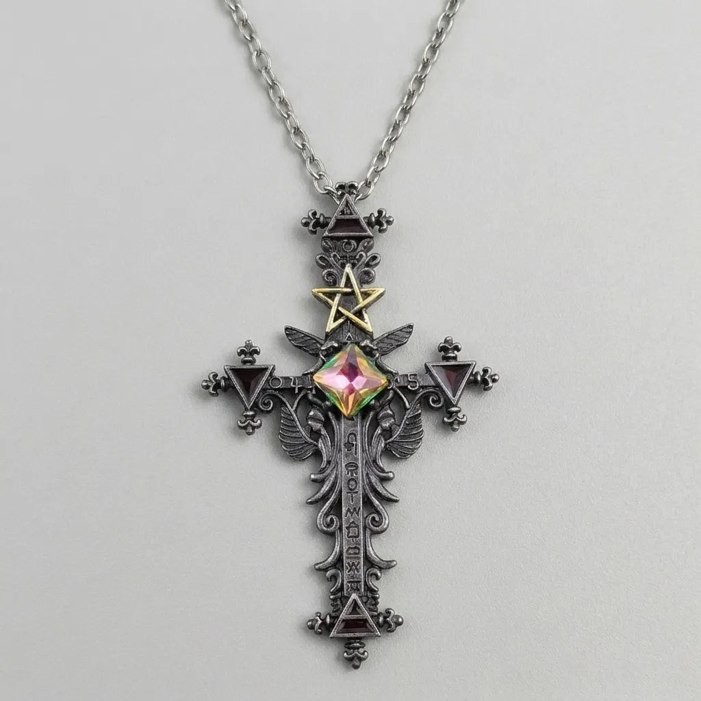 Dark Ritual Pentagram Crystal Cross Necklace